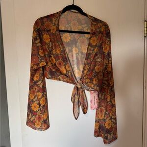 SHEIN Floral Tie-Front Top in Orange and Yellow